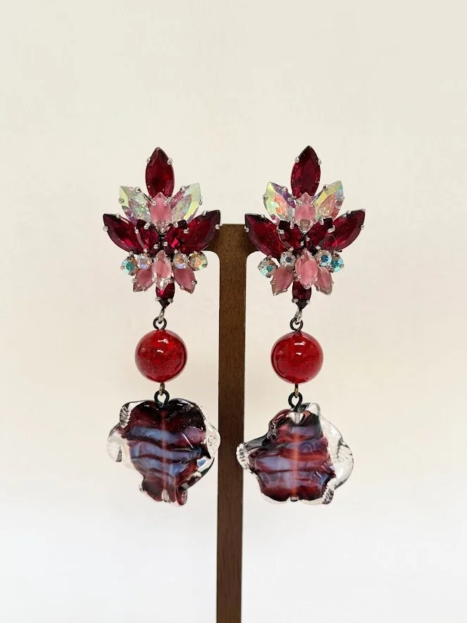 Vintage Red & Pink Crystal Floral Drop Earclips