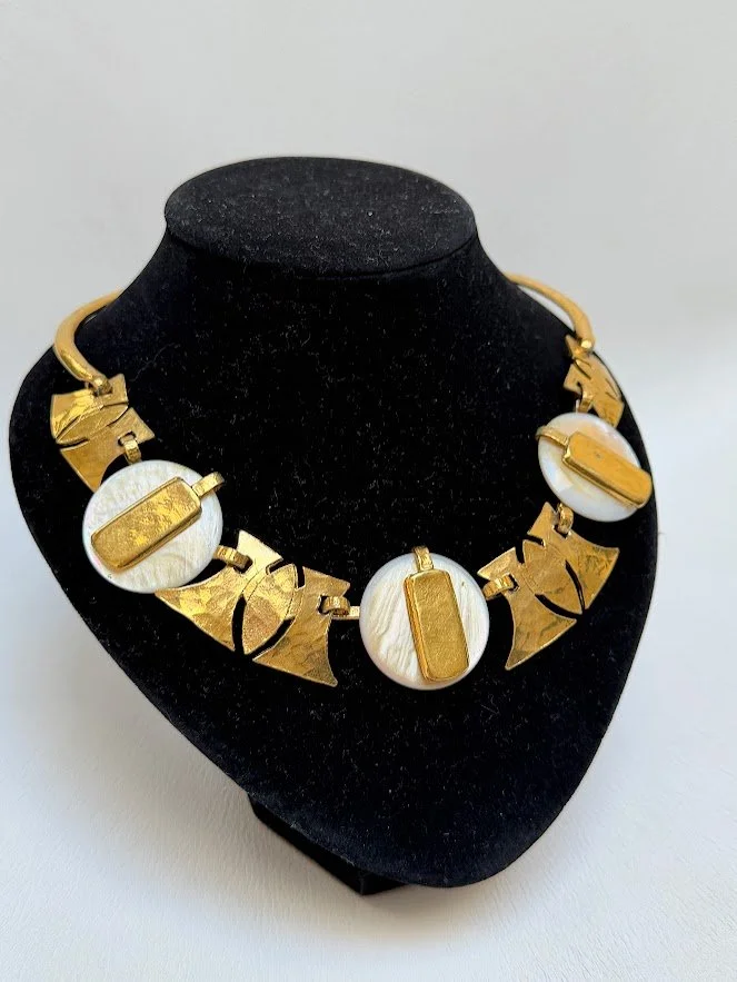 Vintage Rigaux France Modernist Gold-Tone & White Statement Necklace 1970s–80s