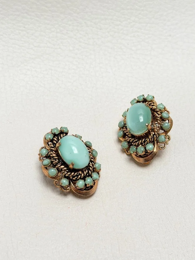 Vintage Turquoise Cabochon Floral Drop Earclips