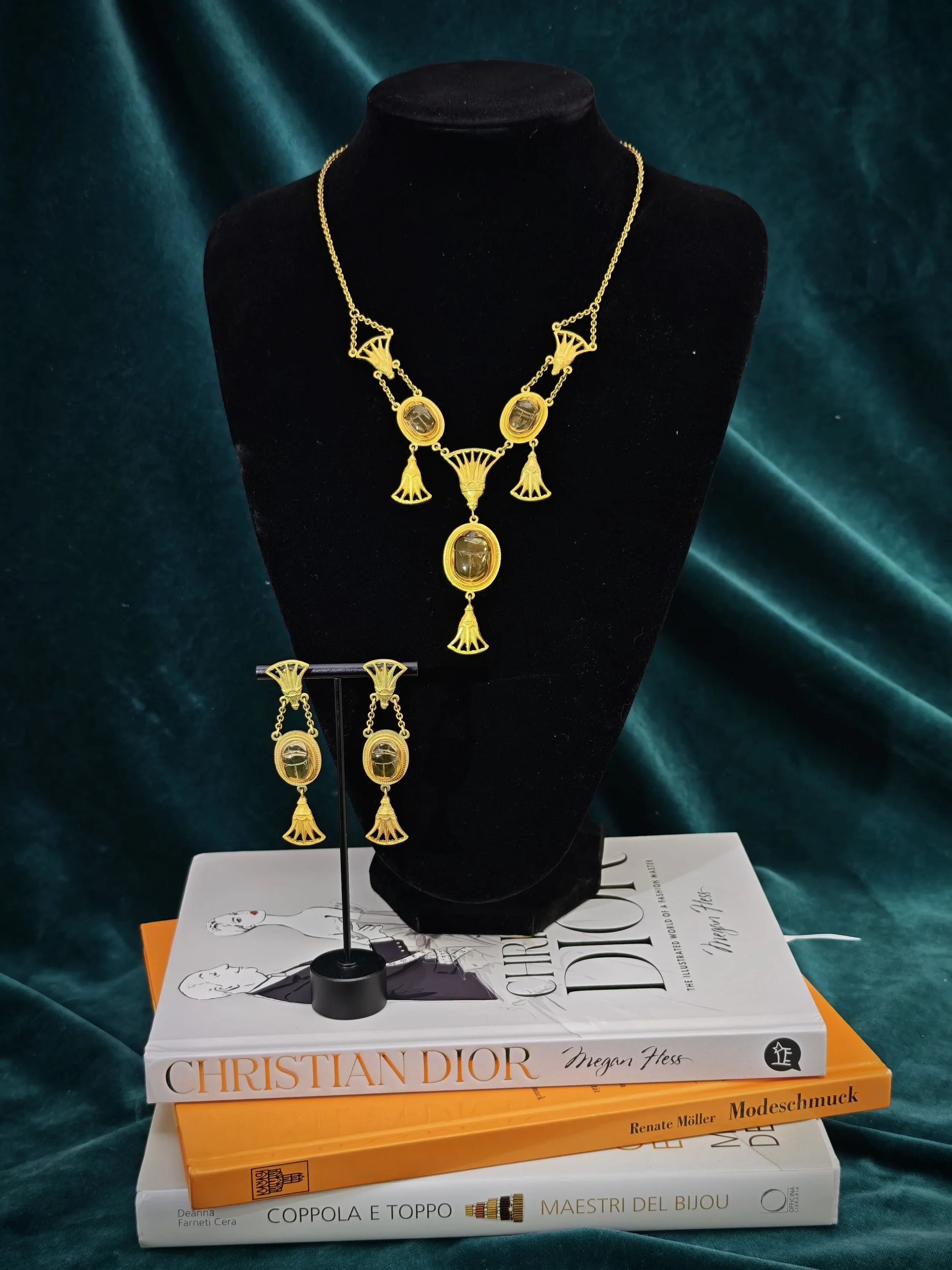 Christian Dior Egyptian Revival Scarab Beetle Necklace Earrings Set
