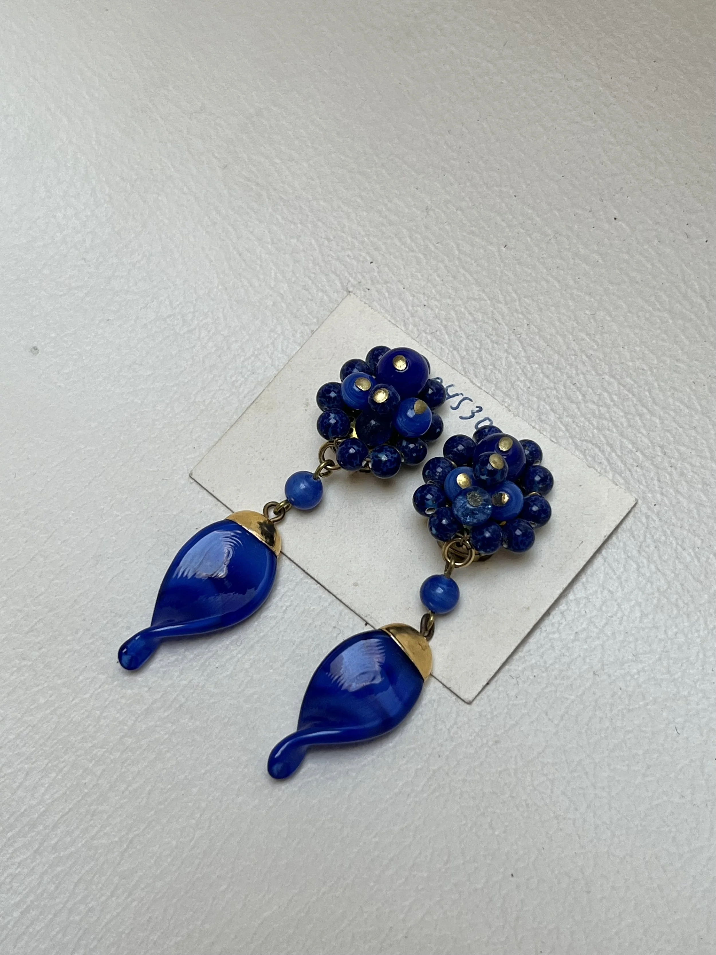 Vintage Blue Glass Cluster & Teardrop Drop Earrings