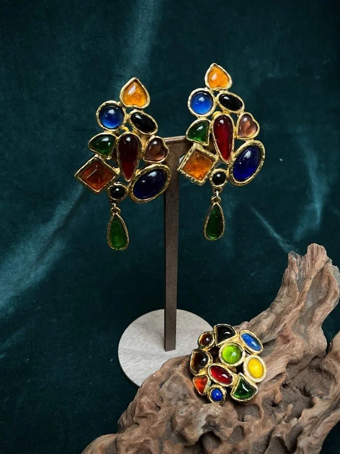 Vintage Edouard Rambaud 1980 cabochon earring brooch set