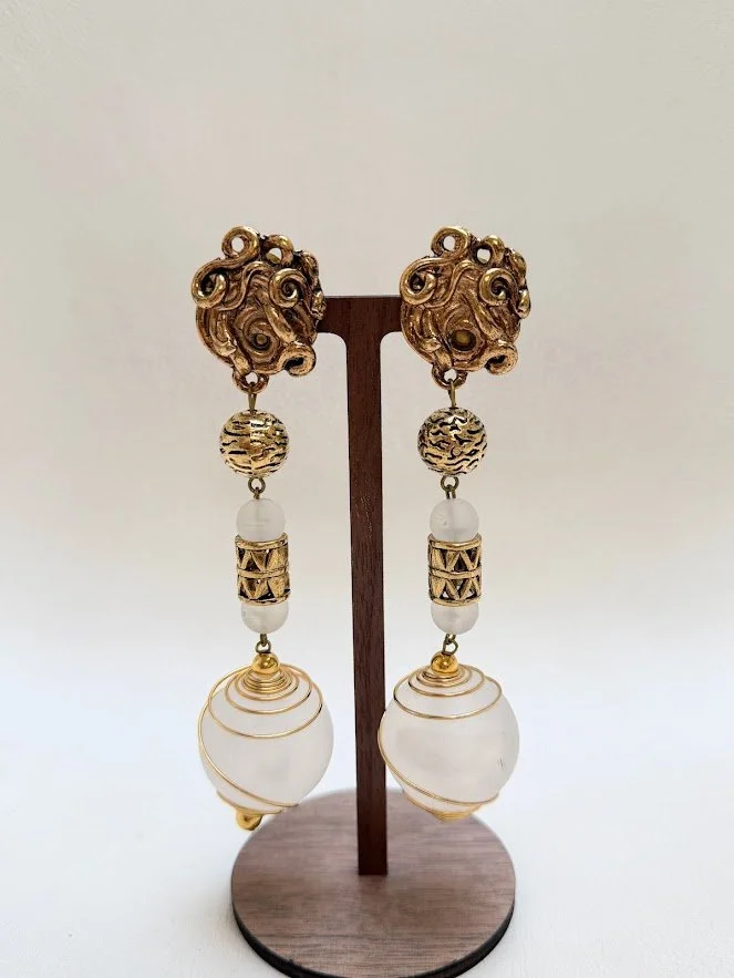 Vintage Gold-Tone Sculptural Drop Earclips with Frosted Glass