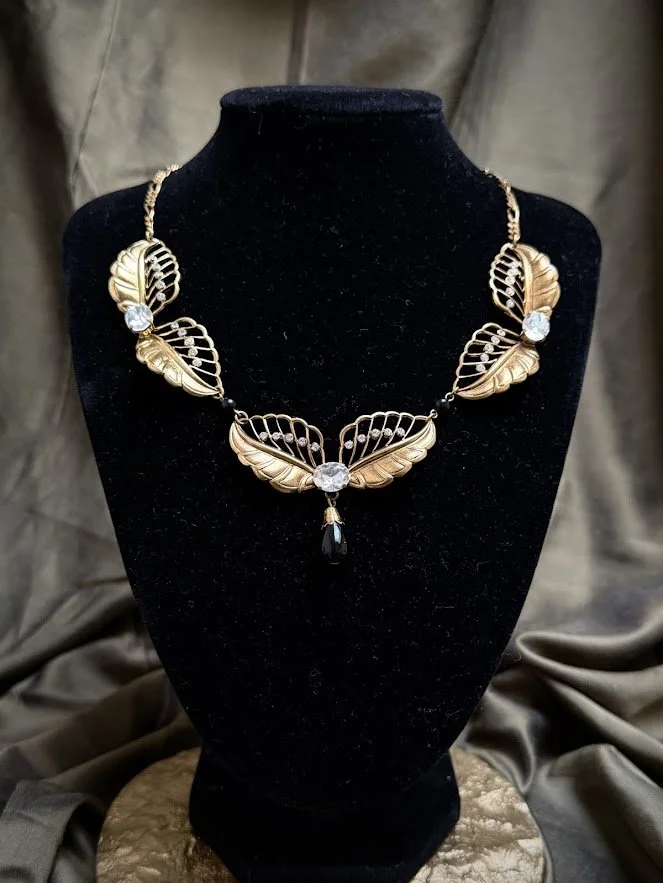 Vintage Gold-Tone Bib Necklace with Black Teardrop & Rhinestones