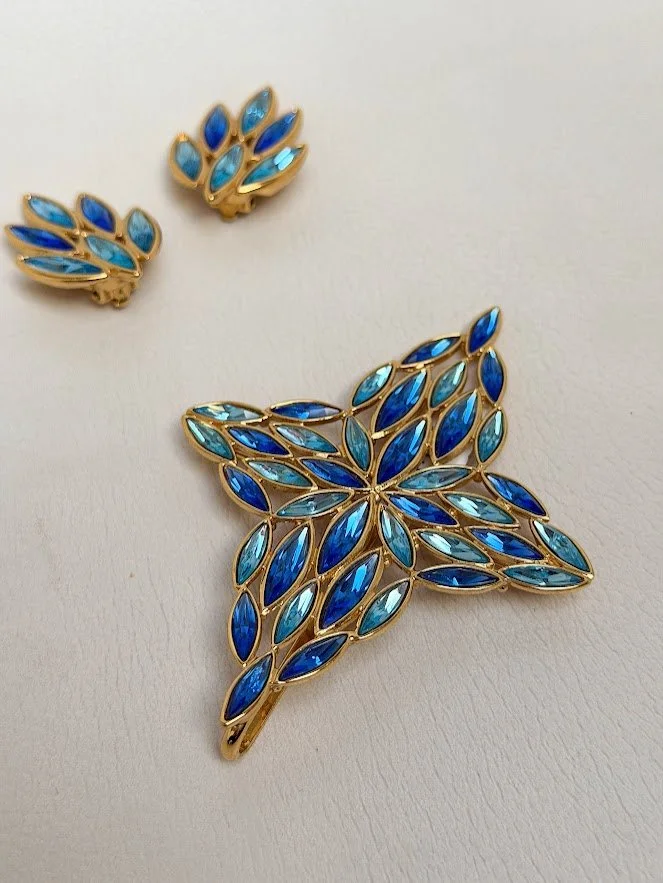 Vintage Yves Saint Laurent (YSL) Blue Crystal Brooch & Earrings Set – 1980s–90s