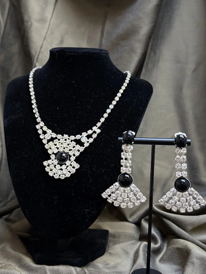 Vintage Silver-Tone Rhinestone Necklace & Earrings Set with Black Cabochons