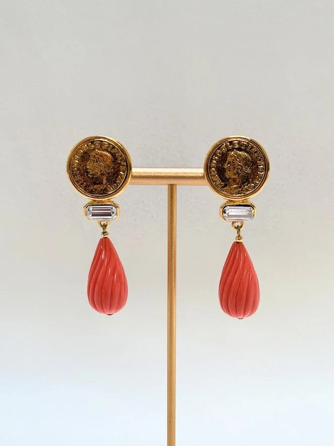 Vintage Orange Drop Earclips with Coin Motif