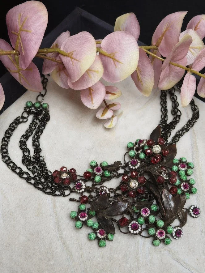 Vintage Ornella Red & Green Floral Statement Necklace
