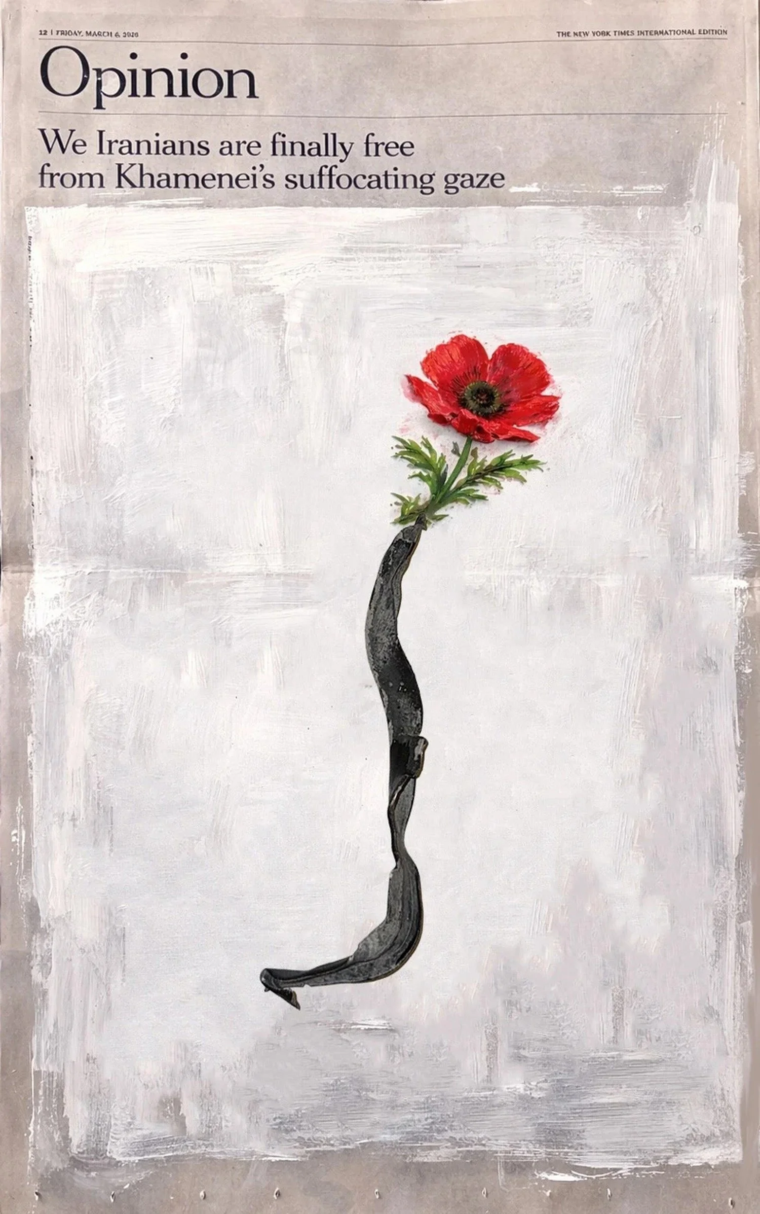 A newspaper page with an opinion article titled "We Iranians are finally free from Khamenei's suffocating gaze." Below the headline, there is a painting of a red poppy flower with a green stem and leaves, attached to a black, winding, ribbon-like base, against a textured white background.