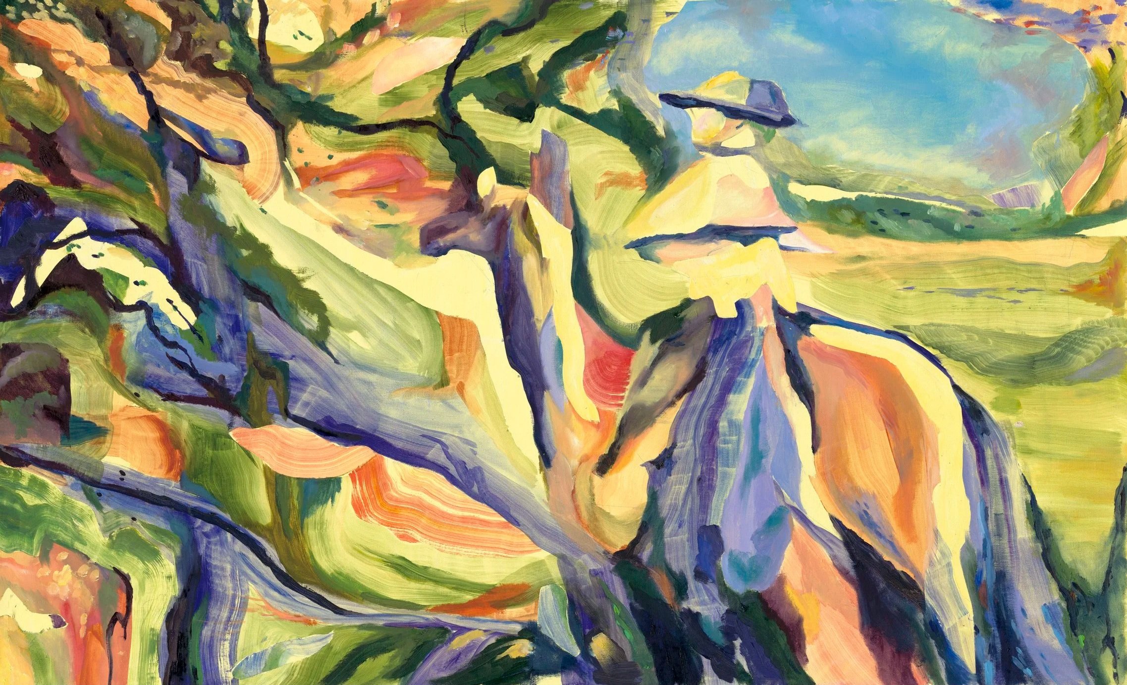 An abstract painting with vibrant colors and bold brush strokes, depicting a landscape scene with trees, hills, and sky.