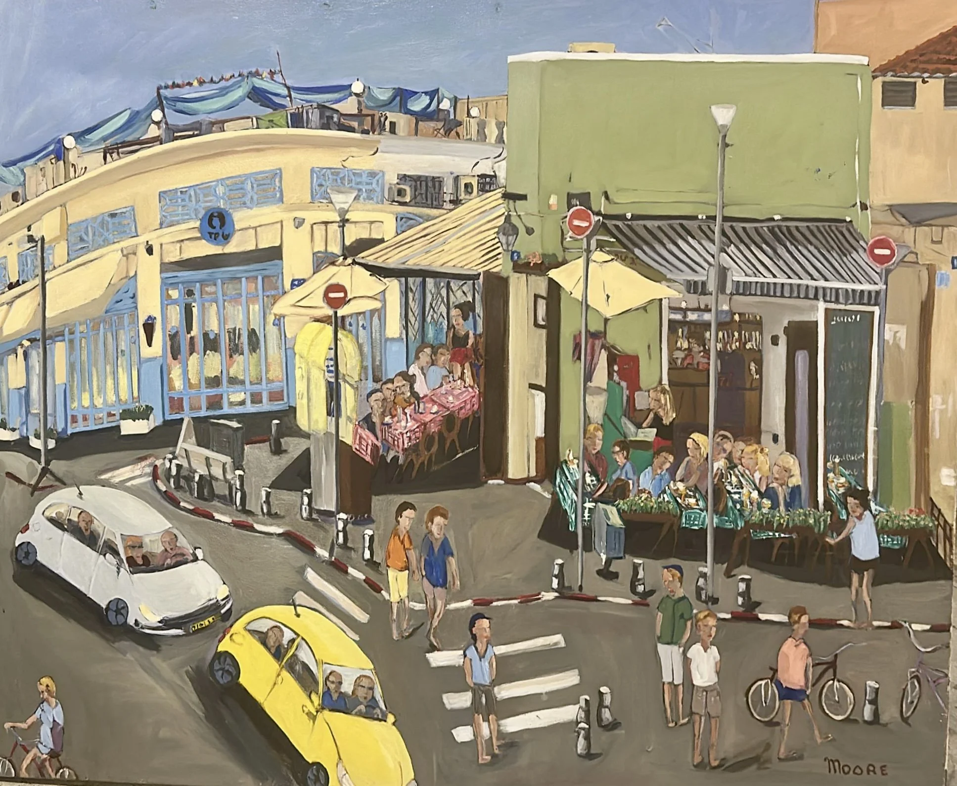 A busy urban street scene with cars, pedestrians, storefronts, stairs, and street signs. People are walking and standing, some with umbrellas. There is a yellow taxi and a white car in the foreground. The buildings are painted in pastel colors, with one green building dominant. There are street lamps, bicycles, and outdoor seating areas visible.