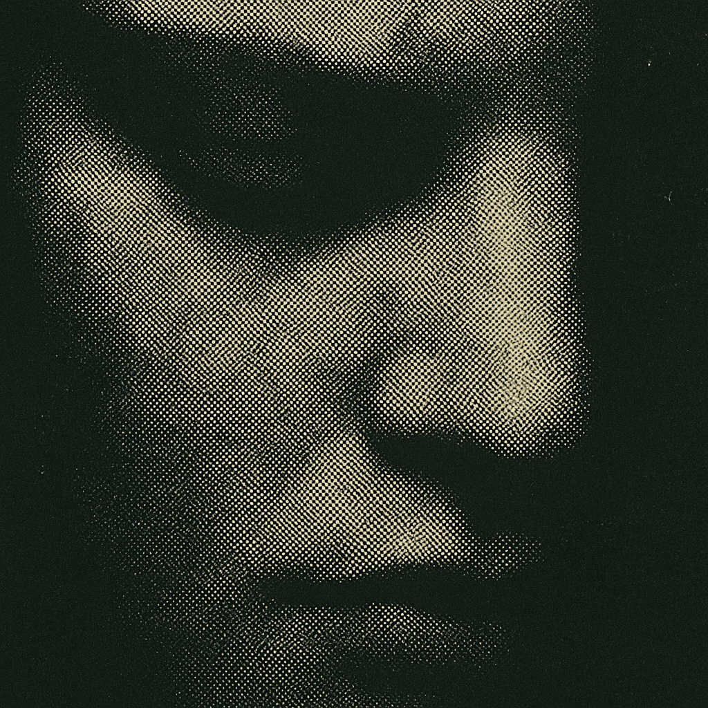 A close-up, halftone-style portrait of a person's face, showing downward gaze and hand near the cheek.