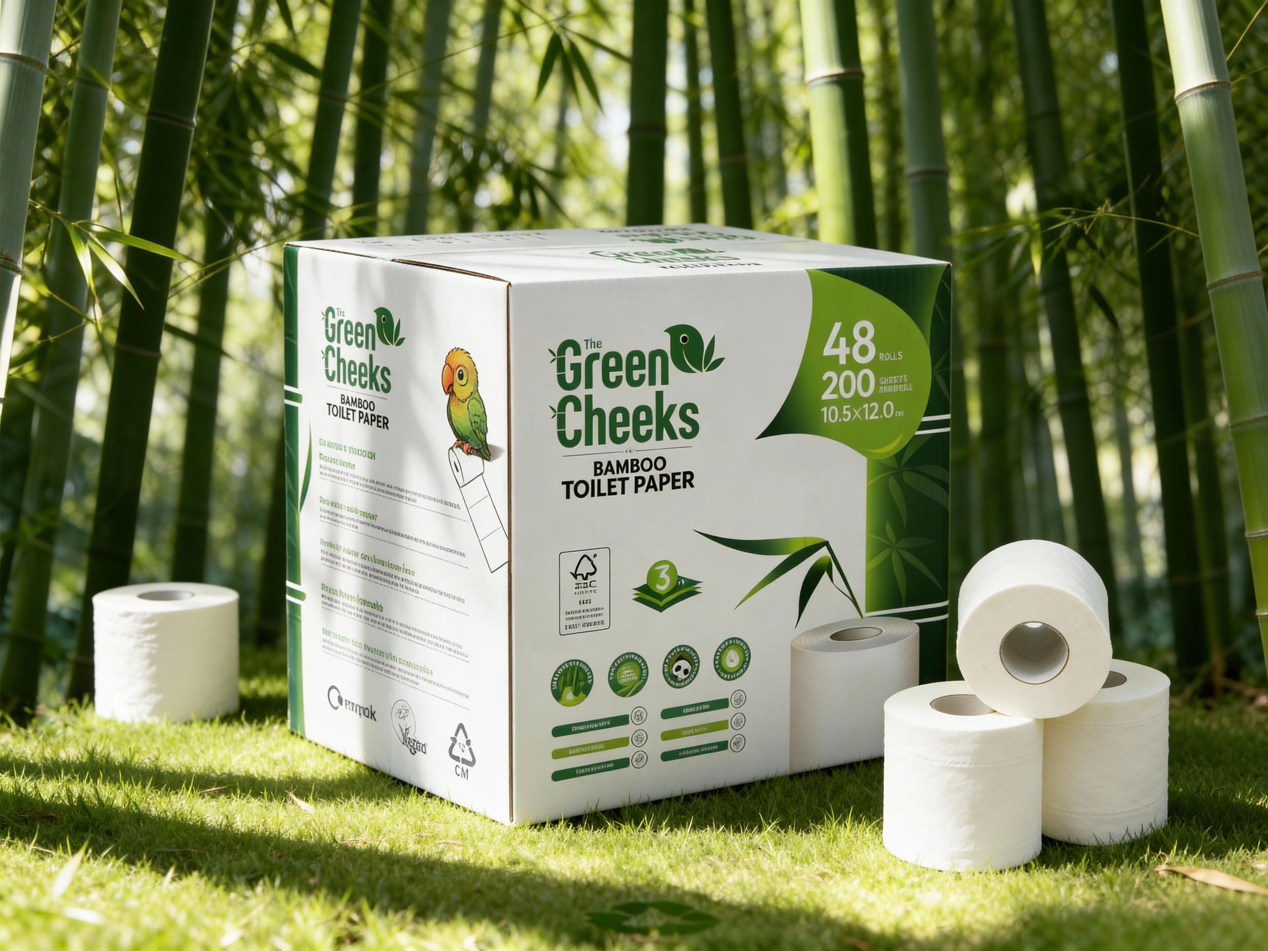 A box of Green Cheeks bamboo toilet paper with three unwrapped rolls in front, set outdoors amid green bamboo stalks.