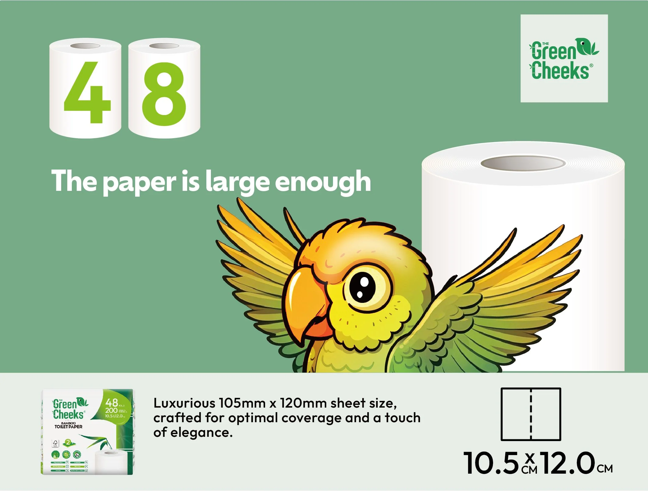 Packaging of Green Cheeks toilet paper featuring an illustration of a cheerful yellow-green parrot with wings spread and a large roll of toilet paper. The package states it contains 48 rolls of 10.5cm by 12cm size, crafted for optimal coverage and el