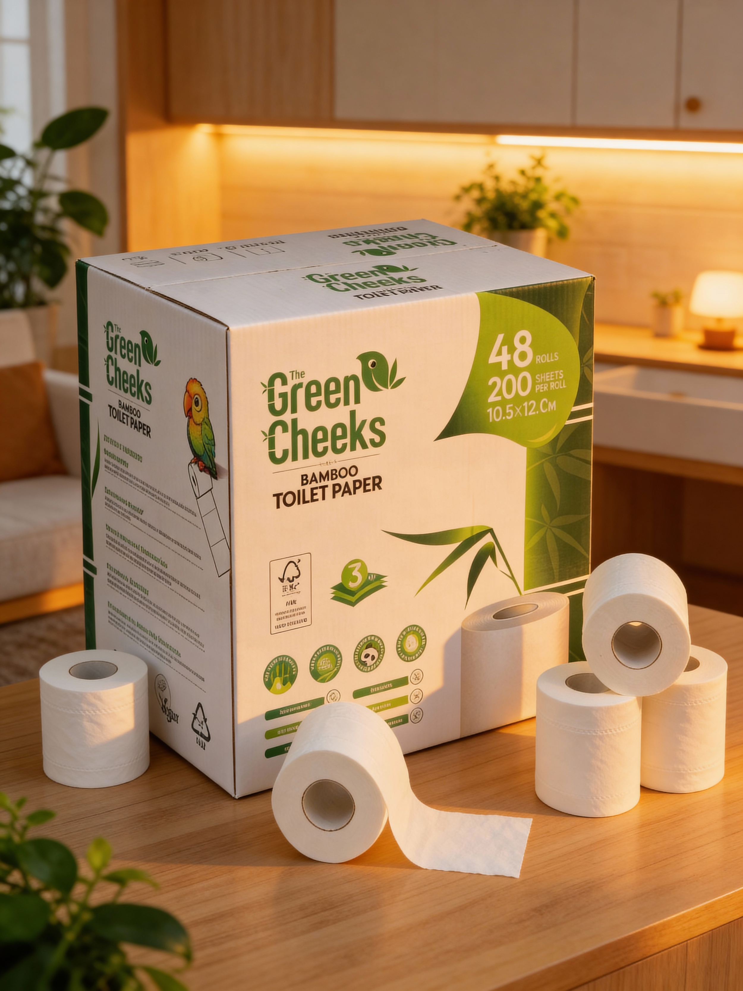 A box of The Green Cheeks bamboo toilet paper with six rolls arranged in front of it on a wooden surface. The box has green and white packaging with a bird logo and text indicating 48 rolls, 200 sheets per roll, and dimensions 10.5x12 cm.