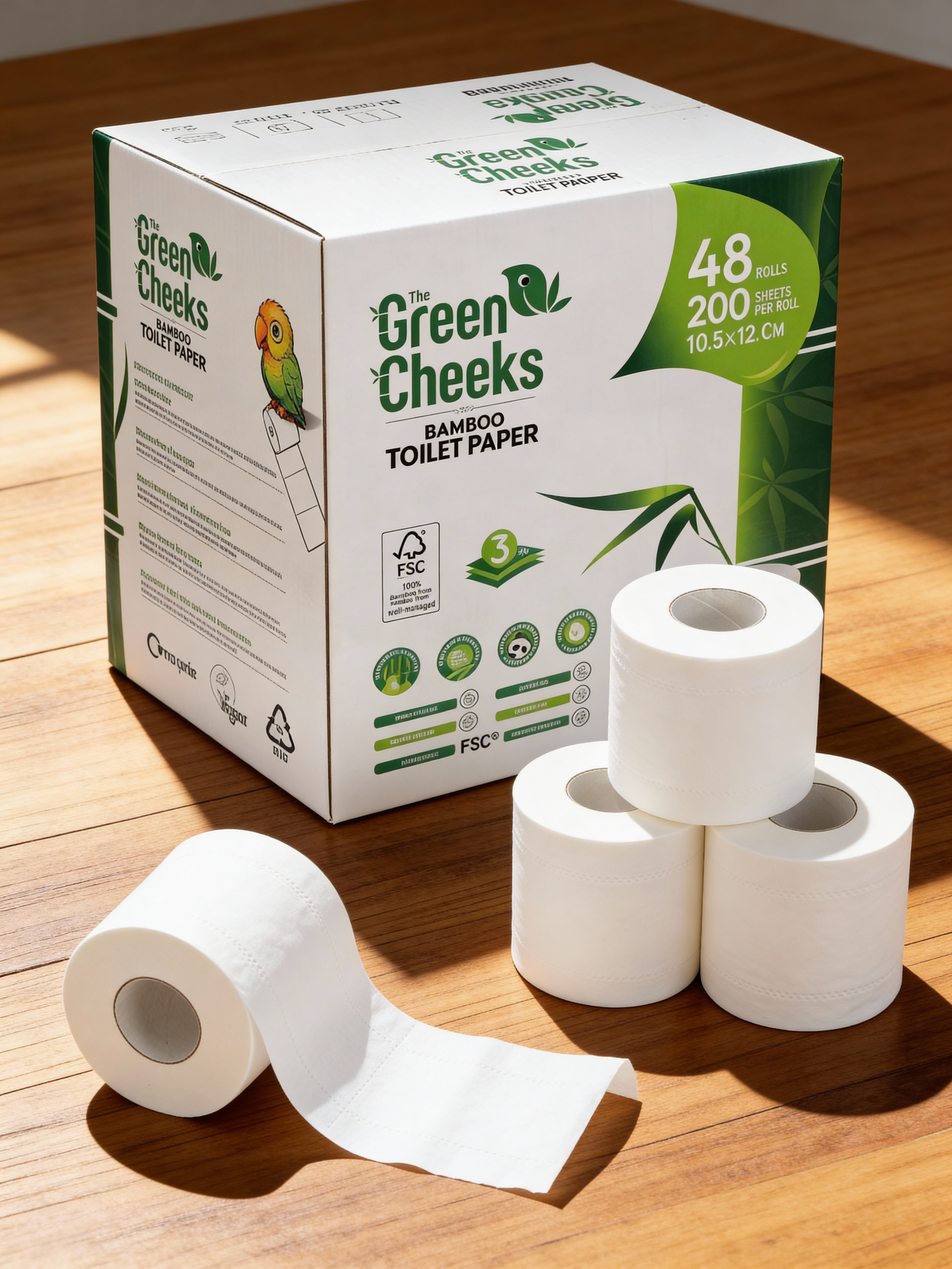 Let’s turn every bathroom moment into a sustainable win with The Green Cheeks Bamboo Toilet Paper, no matter the setting!  48 rolls, 200 sheets per roll, and measures 10.5 by 12 cm.