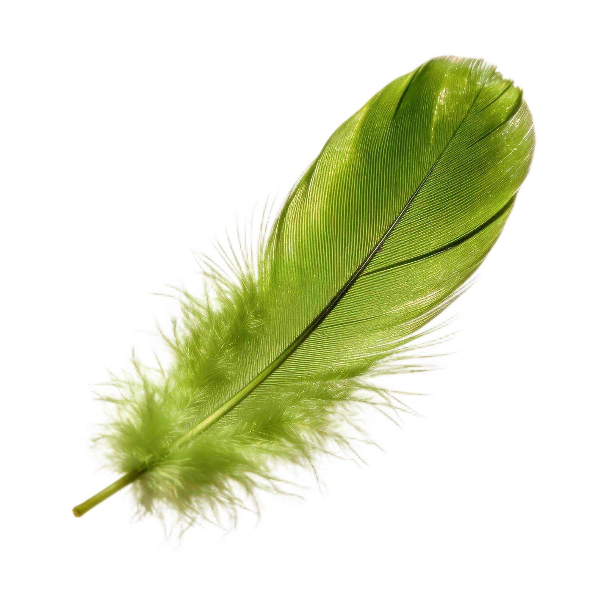 A vibrant green feather with gel-like details, showing fine barbs and a central quill.
