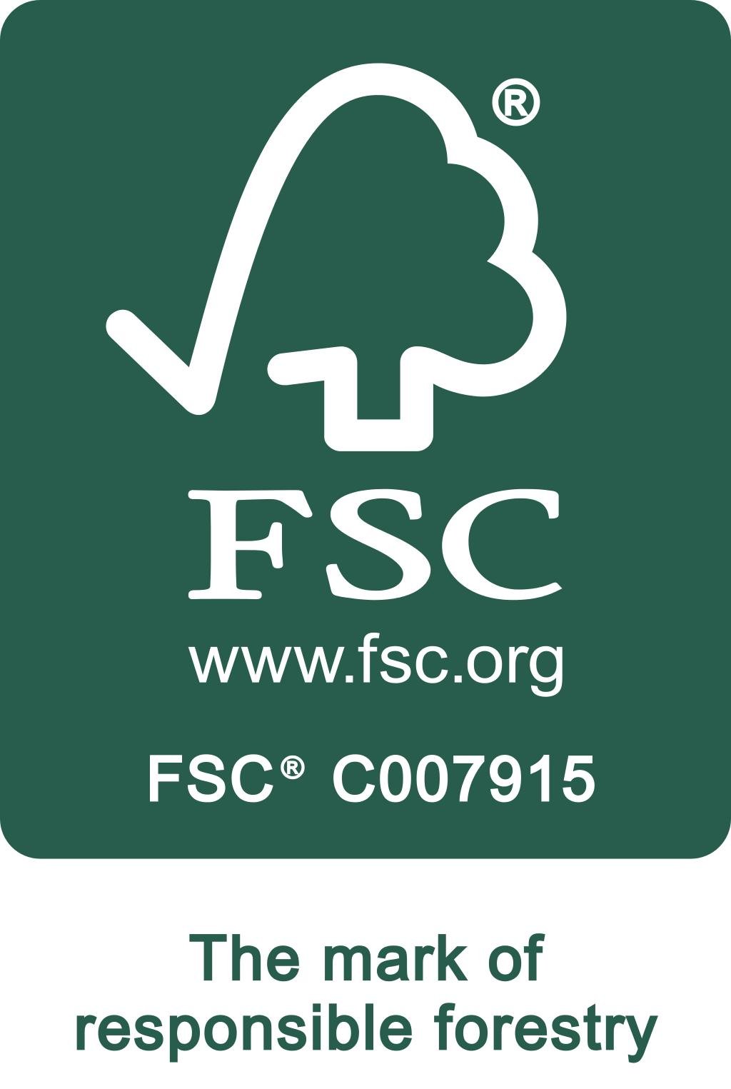 FSC certification logo featuring a stylized tree with a check mark integrated into the design, and the text "FSC www.fsc.org FSC® C007915 The mark of responsible forestry."