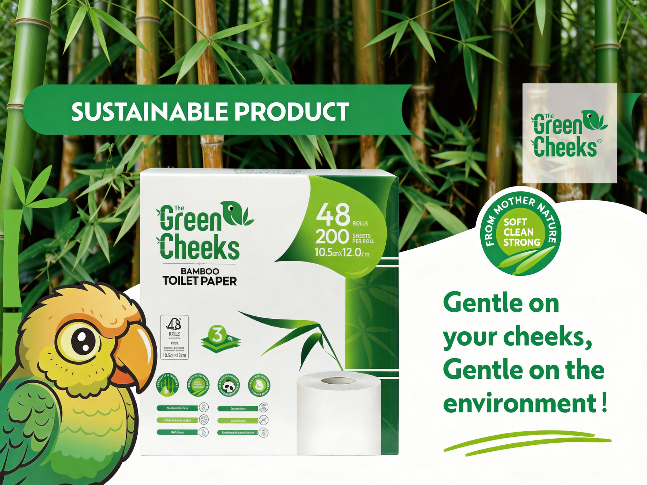 Package of Green Cheeks bamboo toilet paper with a background of bamboo stalks and leaves, featuring a cartoon parrot and eco-friendly icons.