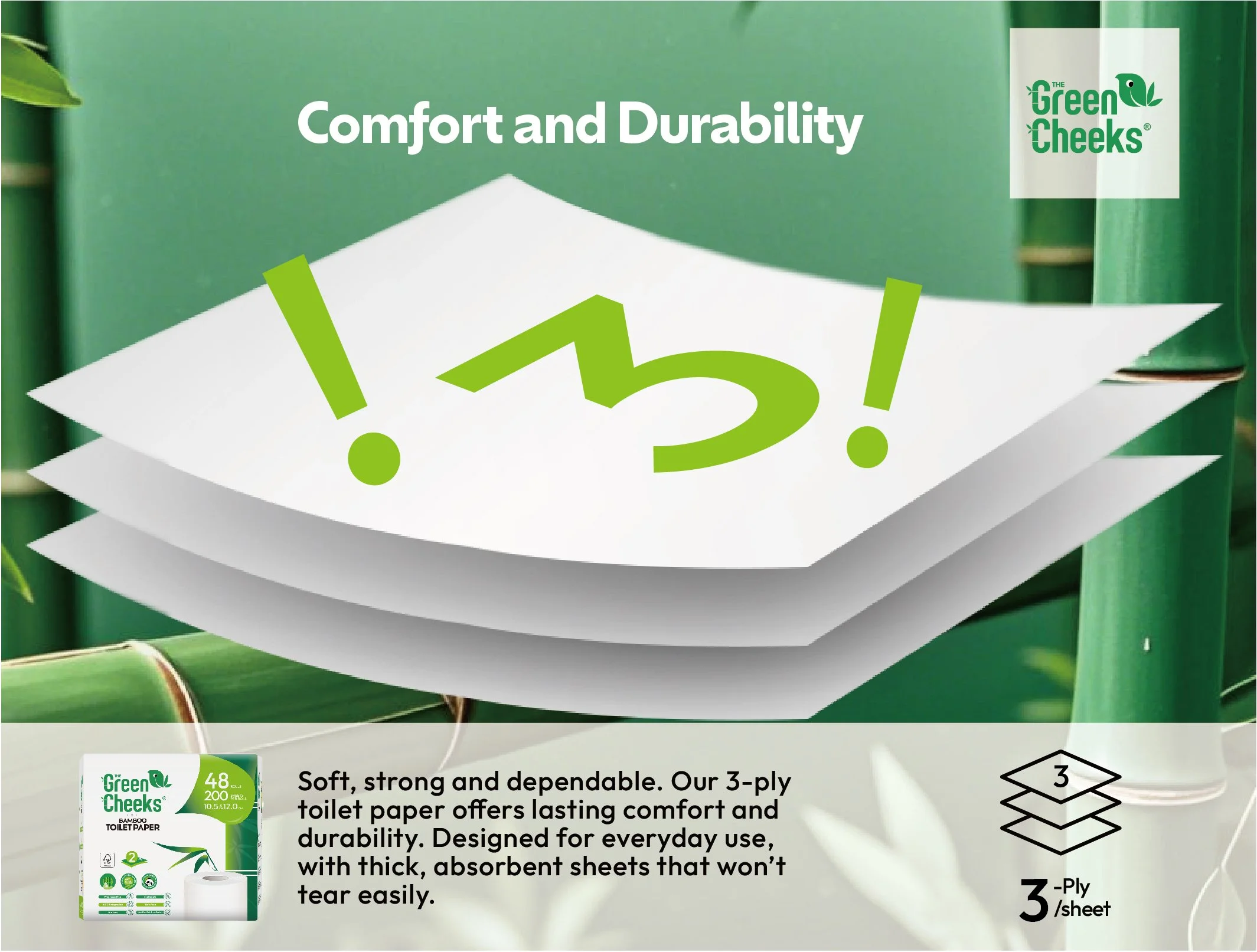 Package of Green Cheeks bamboo toilet paper with 48 rolls, demonstrating comfort and durability with 3-ply sheets, displayed with a background of green bamboo.