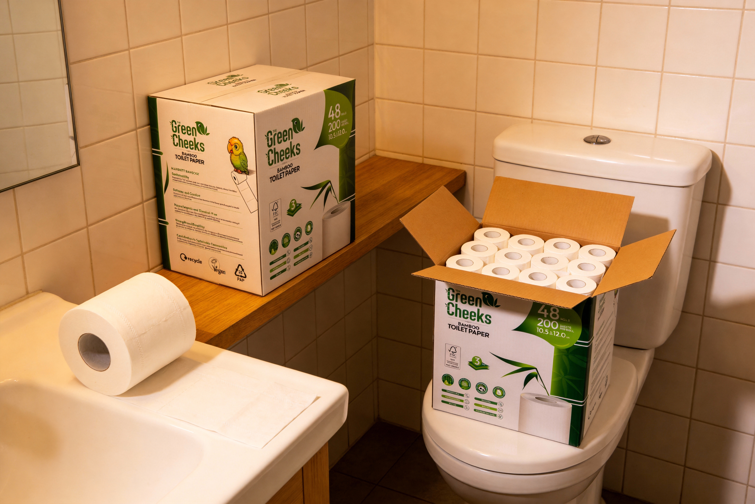 Bathroom with boxes of Eco-friendly toilet paper on the toilet and counter, and a toilet paper roll on the sink.