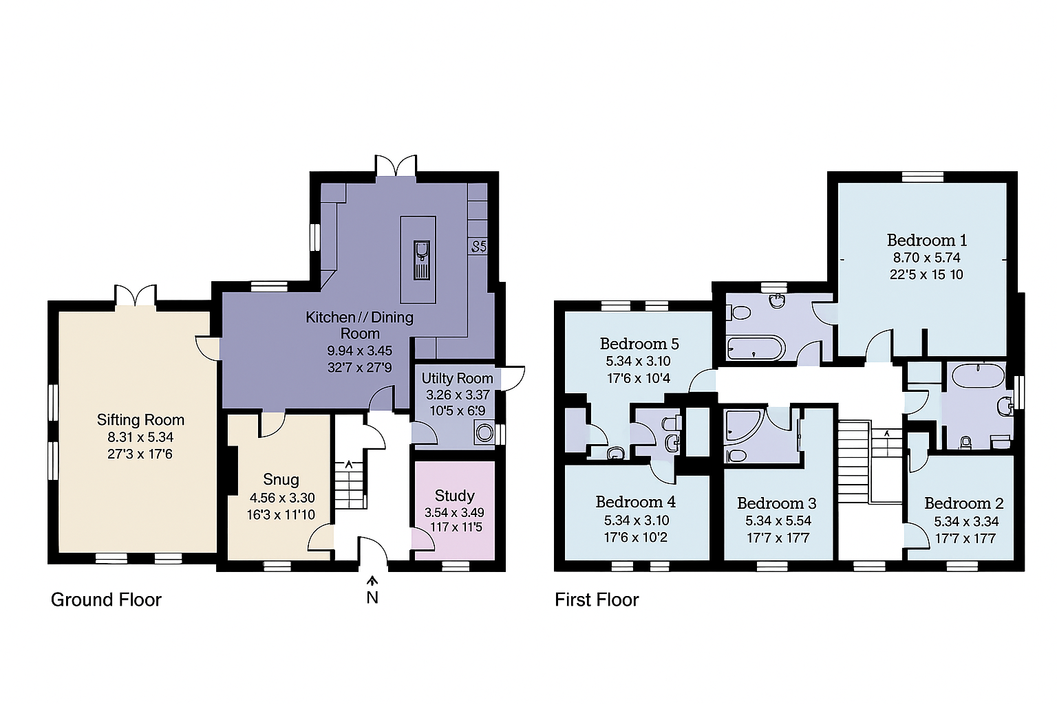 Floor plan of a two-story house showing a ground floor with a sitting room, snug, kitchen and dining room, bathroom, utility room, and study. The first floor includes five bedrooms and two bathrooms.