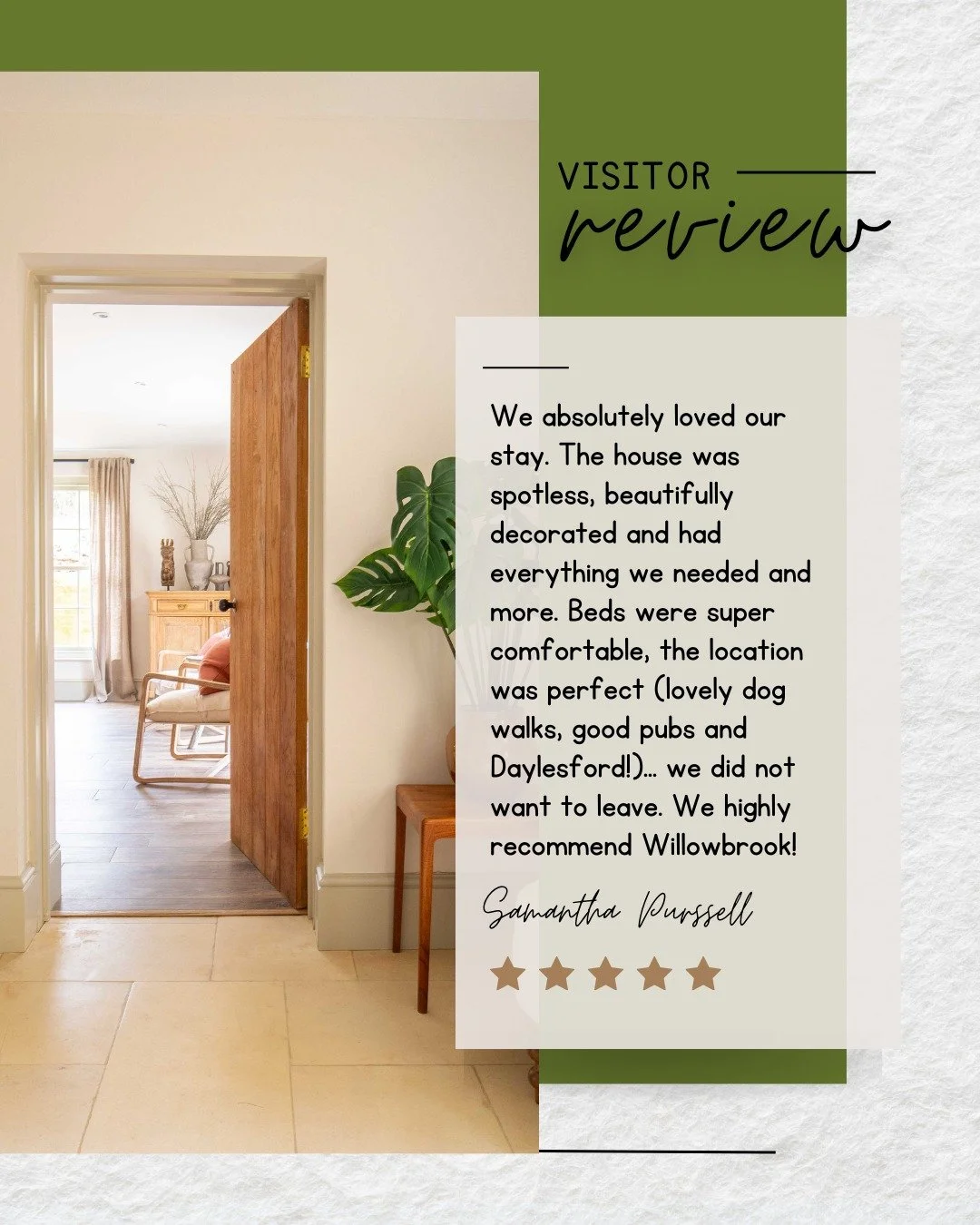 "We absolutely loved our stay. The house was spotless, beautifully decorated and had everything we needed and more. Beds were super comfortable, the location was perfect (lovely dog walks, good pubs and Daylesford!)… we did not want to le