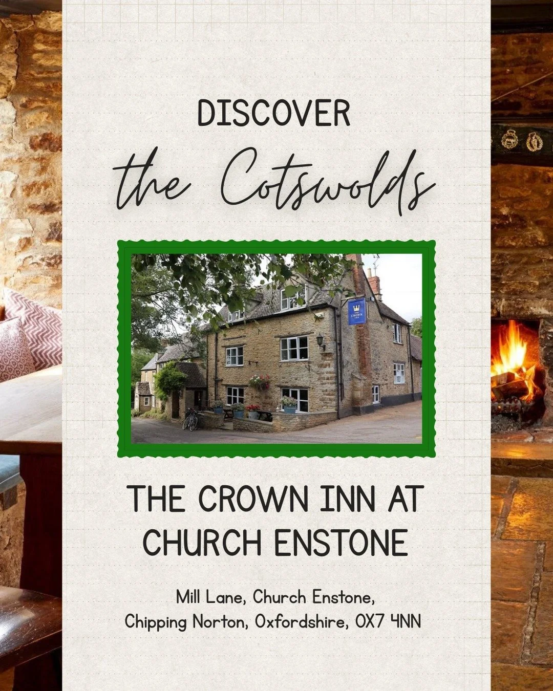 If you’re looking for a classic country pub atmosphere, The Crown Inn at Church Enstone is hard to beat. Stone walls, beams, and hearty, home-cooked food make it a favourite with locals and visitors alike. Best of all? It’s only three mil