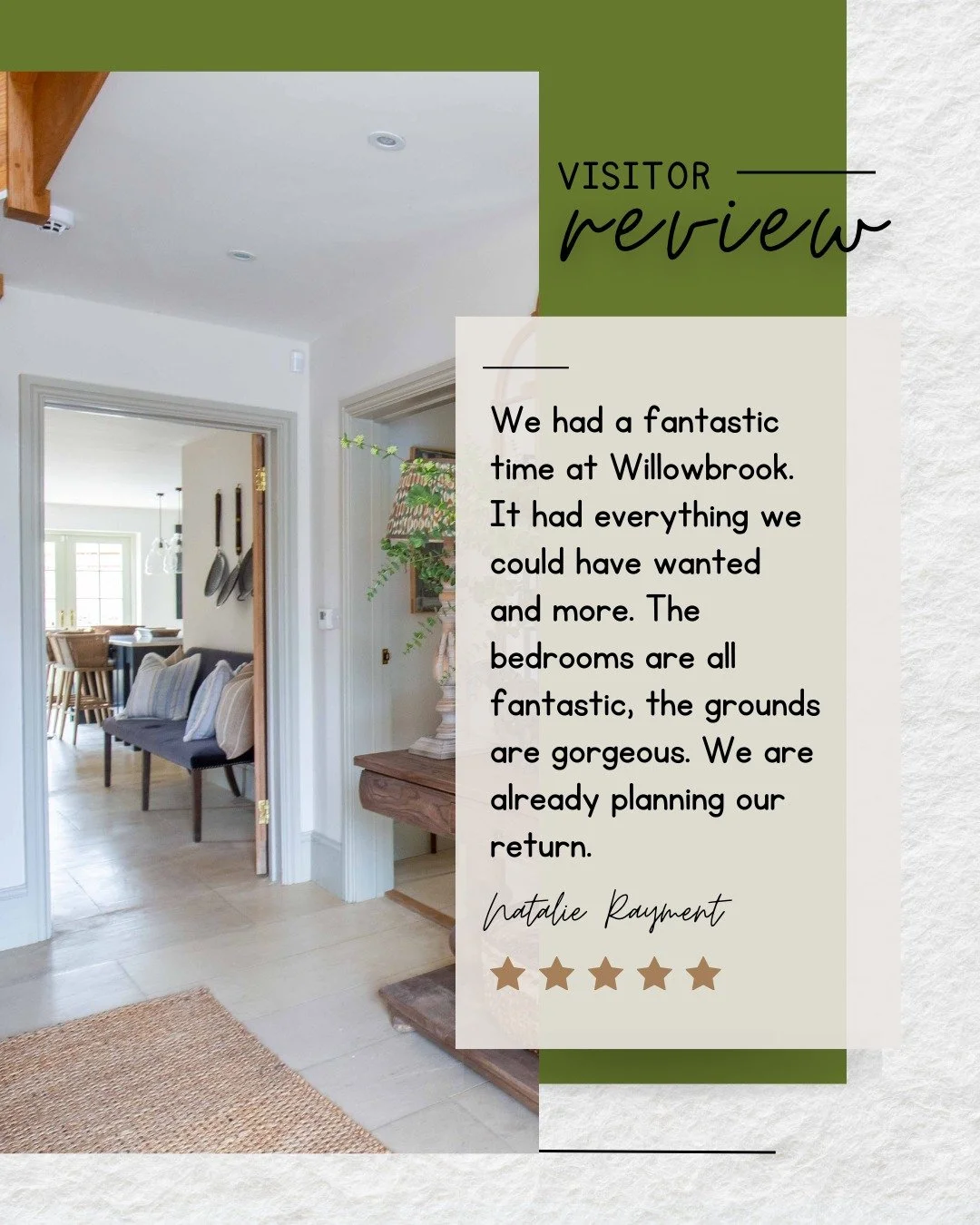 “We had a fantastic time at Willowbrook. It had everything we could have wanted and more. The bedrooms are all fantastic, the grounds are gorgeous. We are already planning our return.” – Natalie ⭐⭐⭐⭐⭐
There’s nothing better