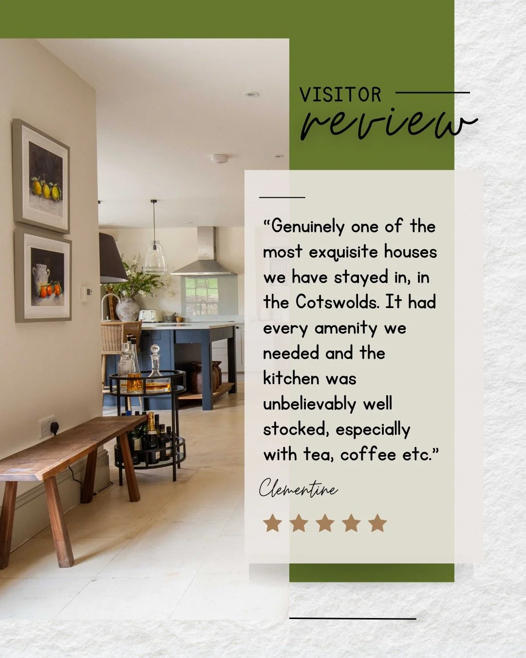 &ldquo;Genuinely one of the most exquisite houses we have stayed in, in the Cotswolds. It had every amenity we needed and the kitchen was unbelievably well stocked &ndash; especially with tea and coffee. The beds were amazing with beautiful linen&hel