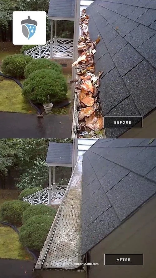 Comparison of a gutter filled with leaves before cleaning and after cleaning, showing the removal of debris from the gutter.
