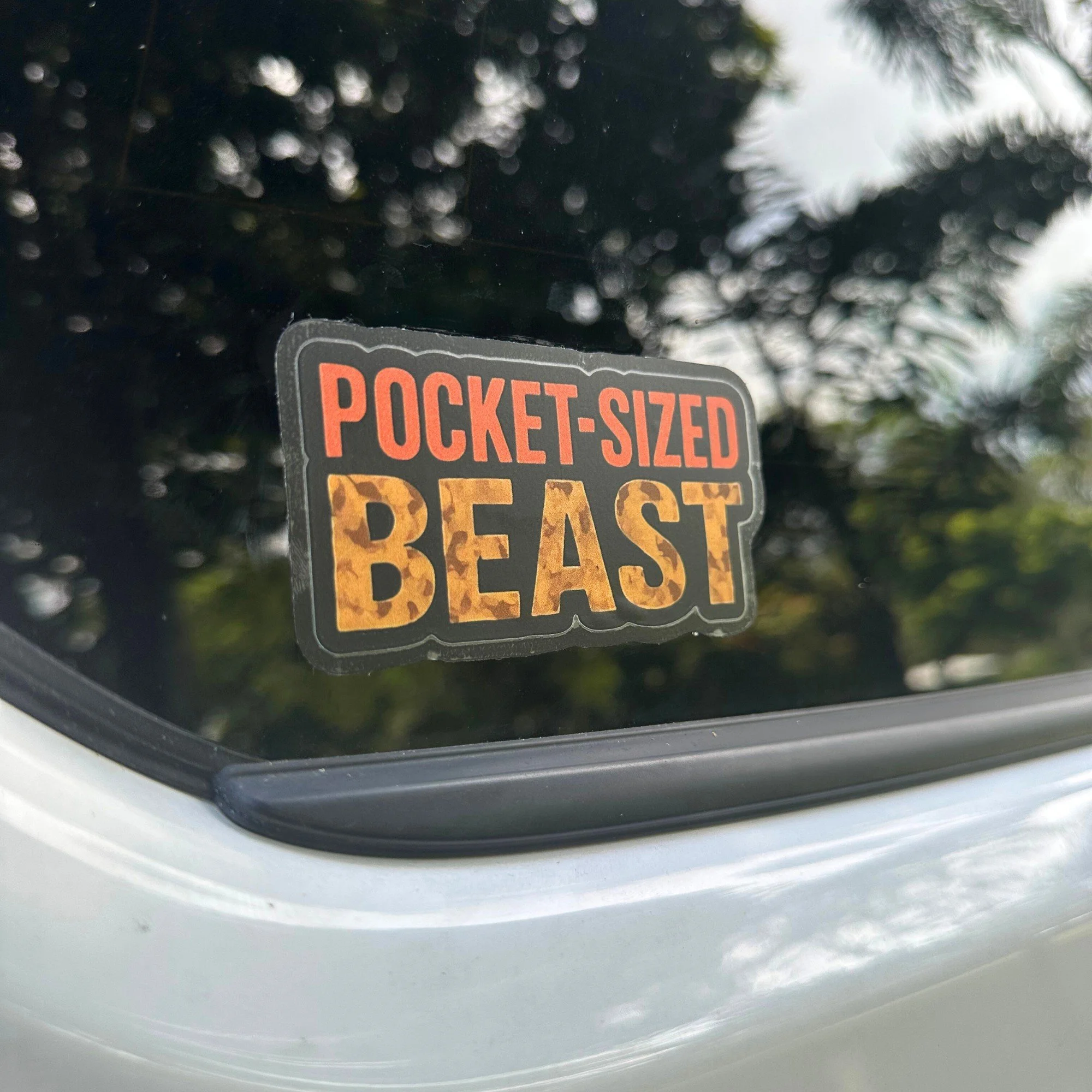 Pocket sized beast vinyl car sticker with bold compact text design