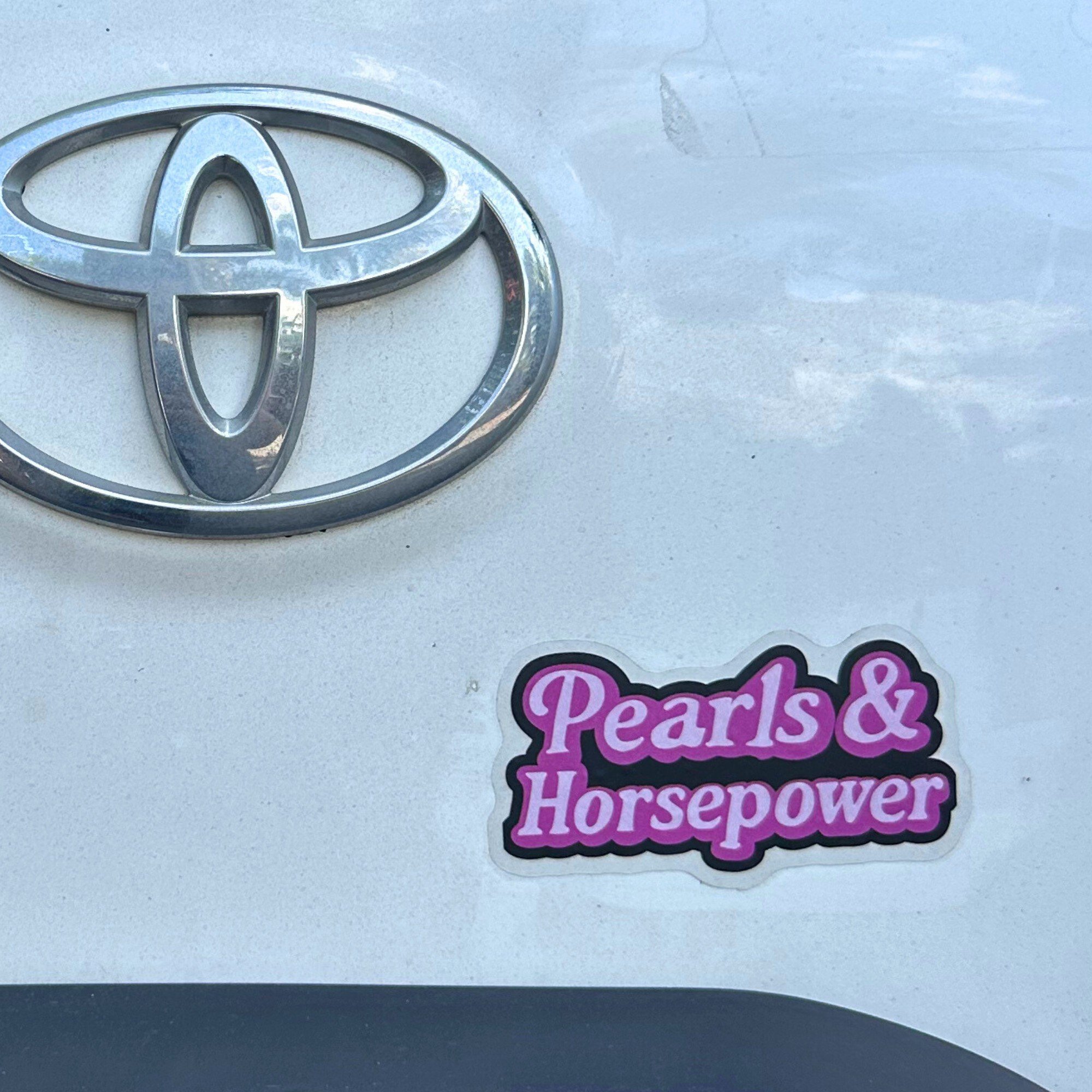 Pearls and horsepower vinyl car sticker with feminine bold typography
