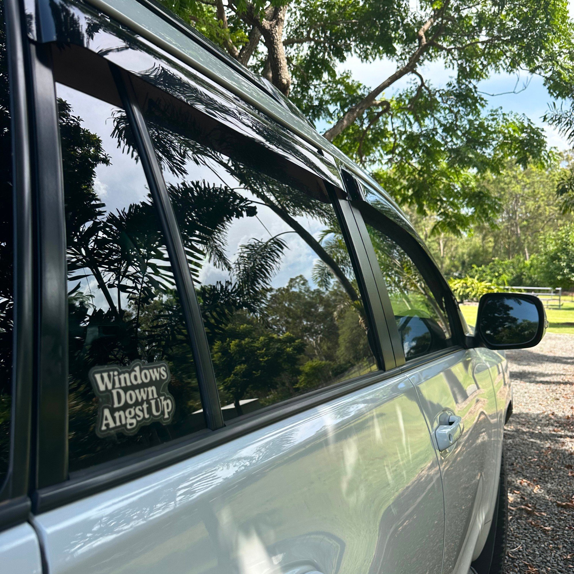 Windows down angst up vinyl car sticker with bold retro style lettering