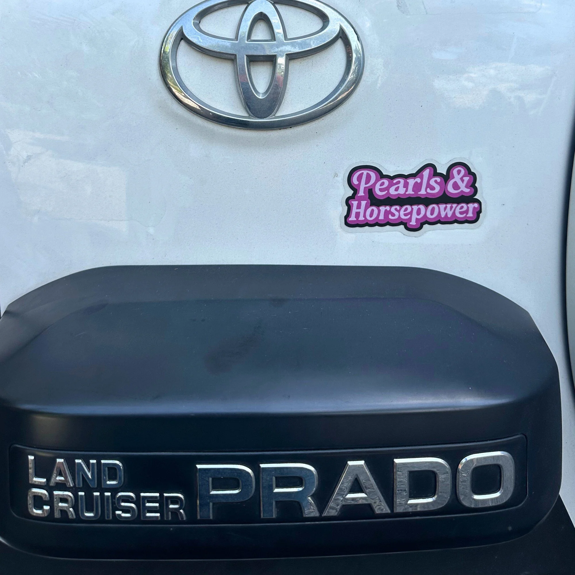 Pearls and horsepower vinyl car sticker with feminine bold typography