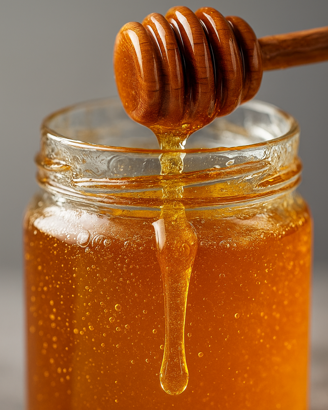 Close-up of honey dripping from a honey dipper into a glass jar filled with honey.