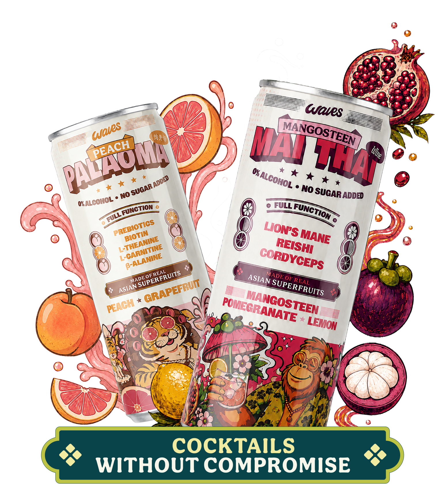 Two cans of Waves non-alcoholic functional cocktails — Peach Paloma and Mangosteen Mai Tai — with 0% alcohol, no sugar added, and adaptogens including lion's mane, reishi, and cordyceps