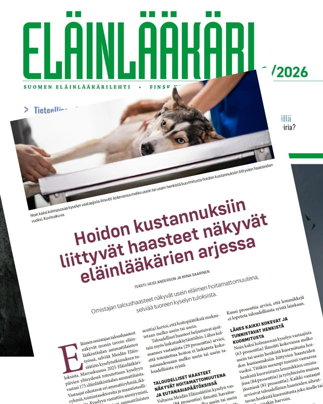 Kyselymme tuloksia on k&auml;sitelty tuoreessa El&auml;inl&auml;&auml;k&auml;rilehdess&auml;.
Keskustelu aiheesta etenee &ndash; ja se on hyv&auml; asia.