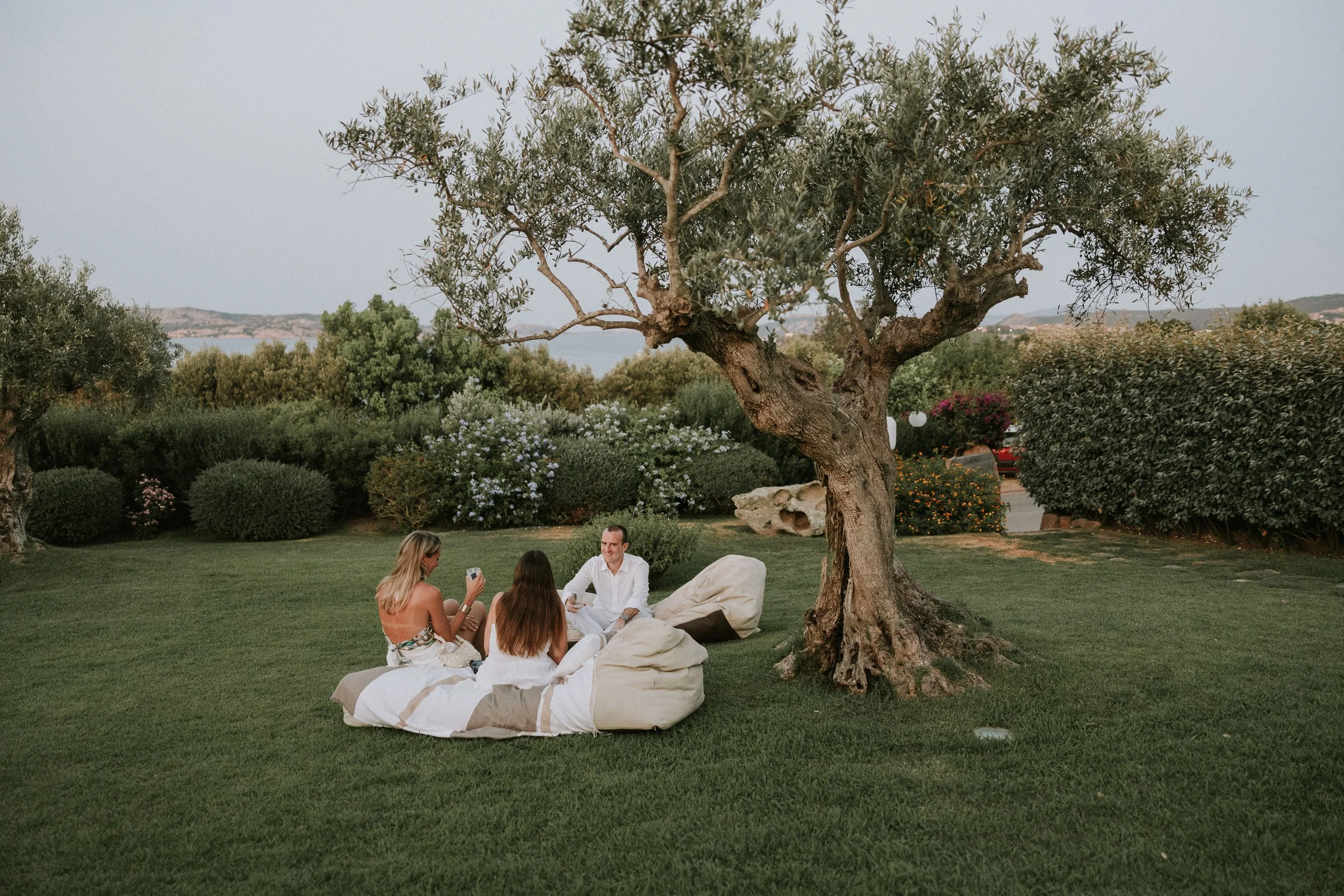 Un gruppo di tre persone sedute su cuscini su un prato verde sotto un albero, che sembrano divertirsi e parlare, in un giardino con arbusti e fiori, con un paesaggio di colline e acque sullo sfondo.