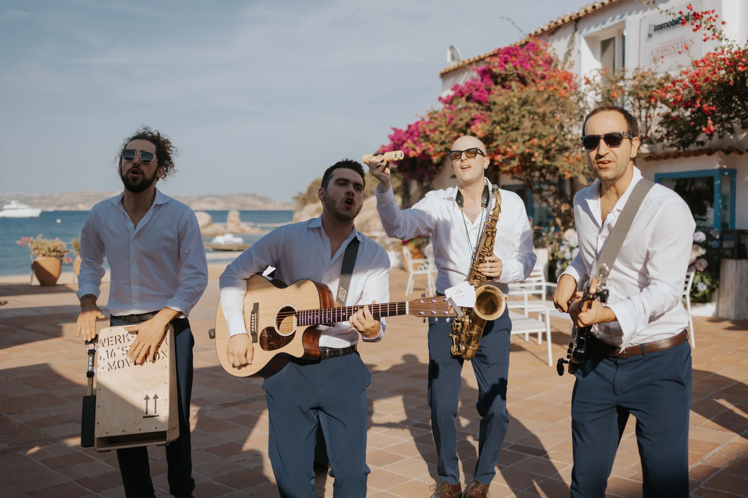 Live roaming band entertainment at an Italian destination wedding