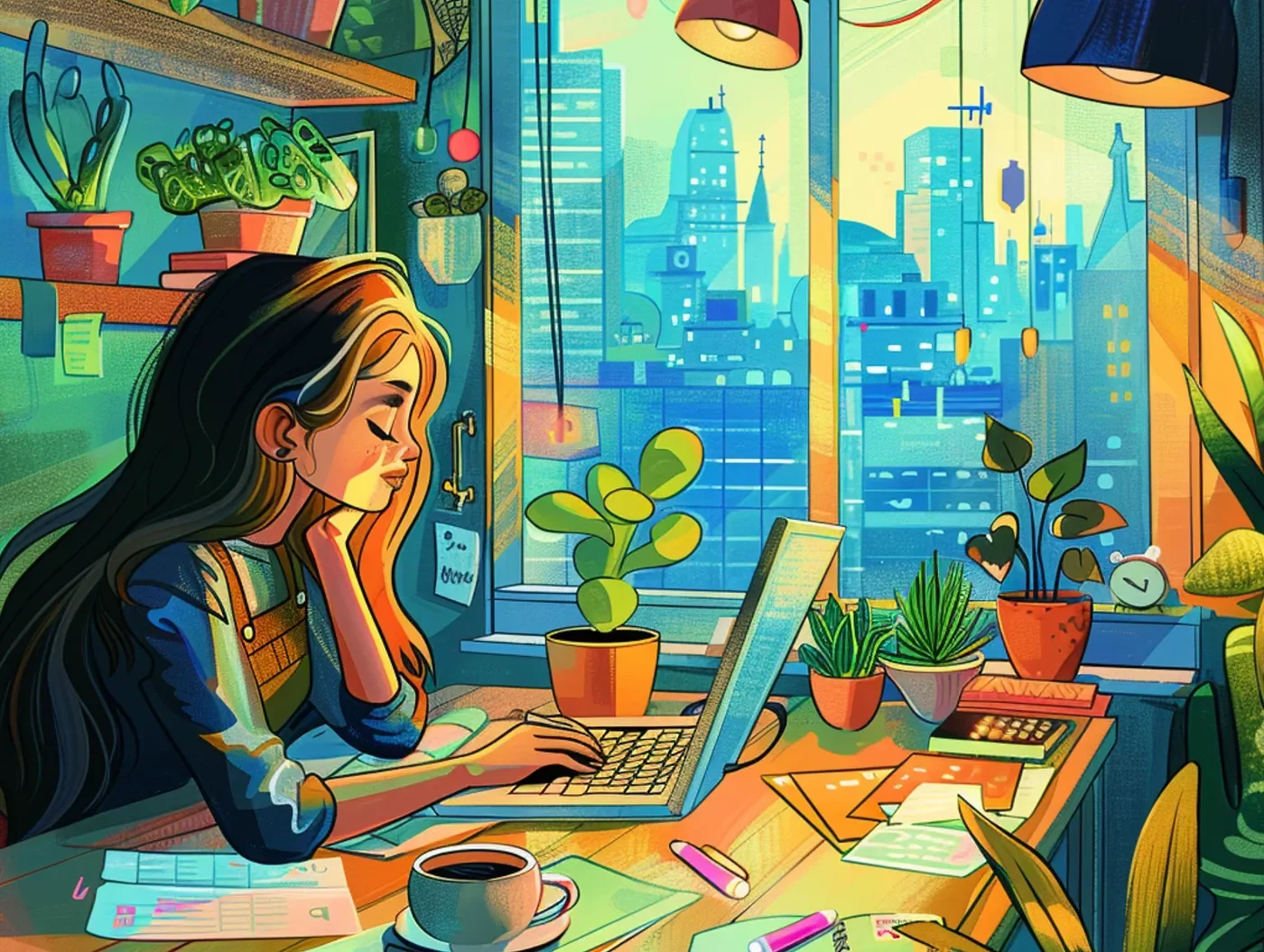 A cartoon illustration of a blonde woman looking down at a laptop screen, surrounded by papers on a desk. There is a window next to her, with a view of a city skyline.