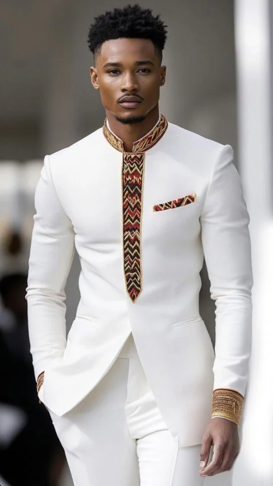 Man in een wit pak met traditionele, kleurrijke details op de kraag, zak en manchetten.