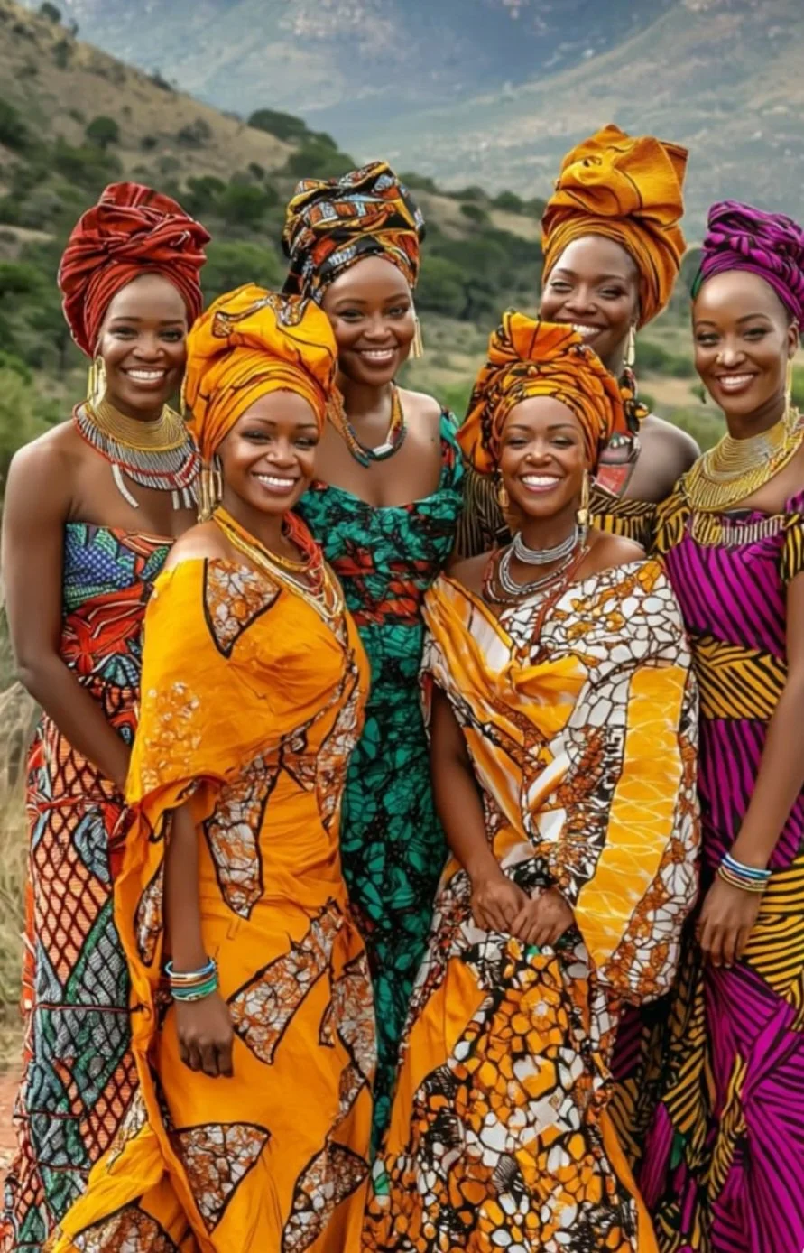 Zes vrouwen in kleurrijke traditionele Afrikaanse kleding en headscarves poseert in een landelijke omgeving.