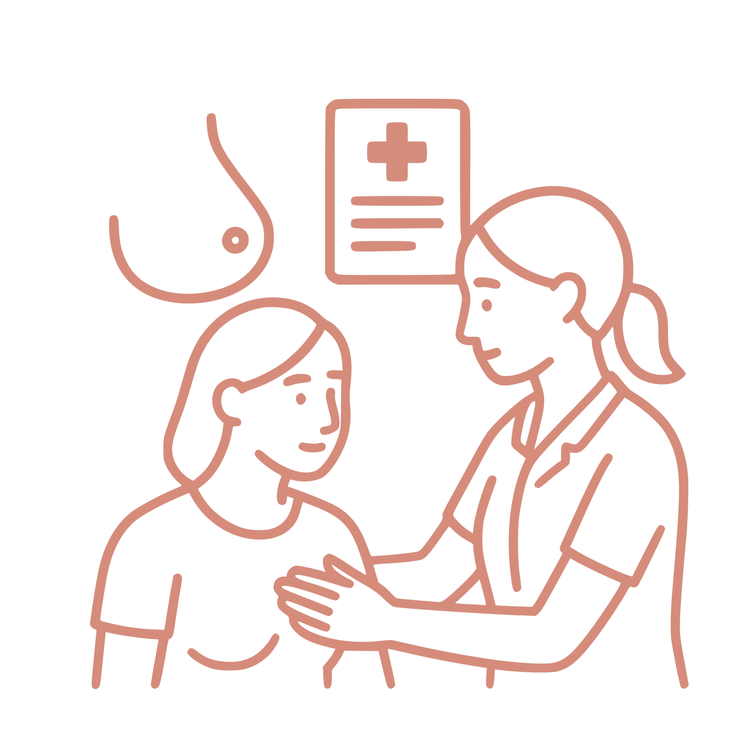 Illustration minimaliste d'une main tenant un stéthoscope, un carnet avec un symbole de croix médicale, et un cœur.