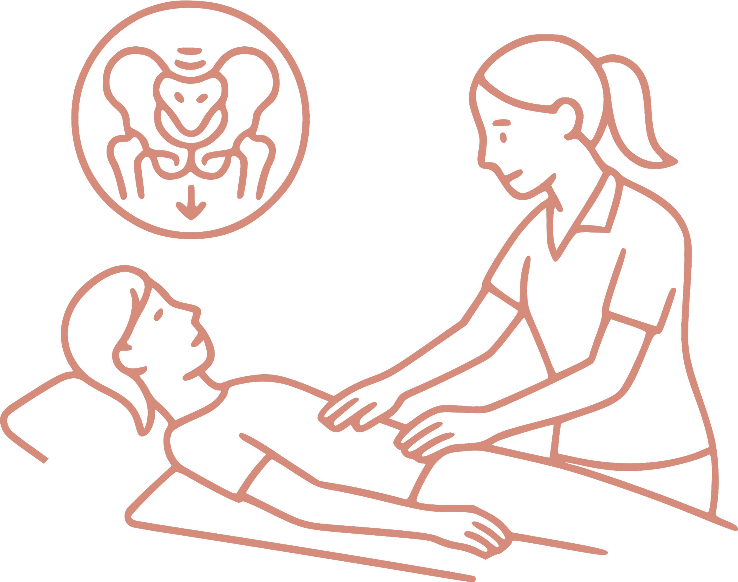 Dessin de lignes roses représentant une femme tenant un bébé, un bébé tenant un autre bébé, avec un cercle au sommet montrant un bébé en vue de dessus.