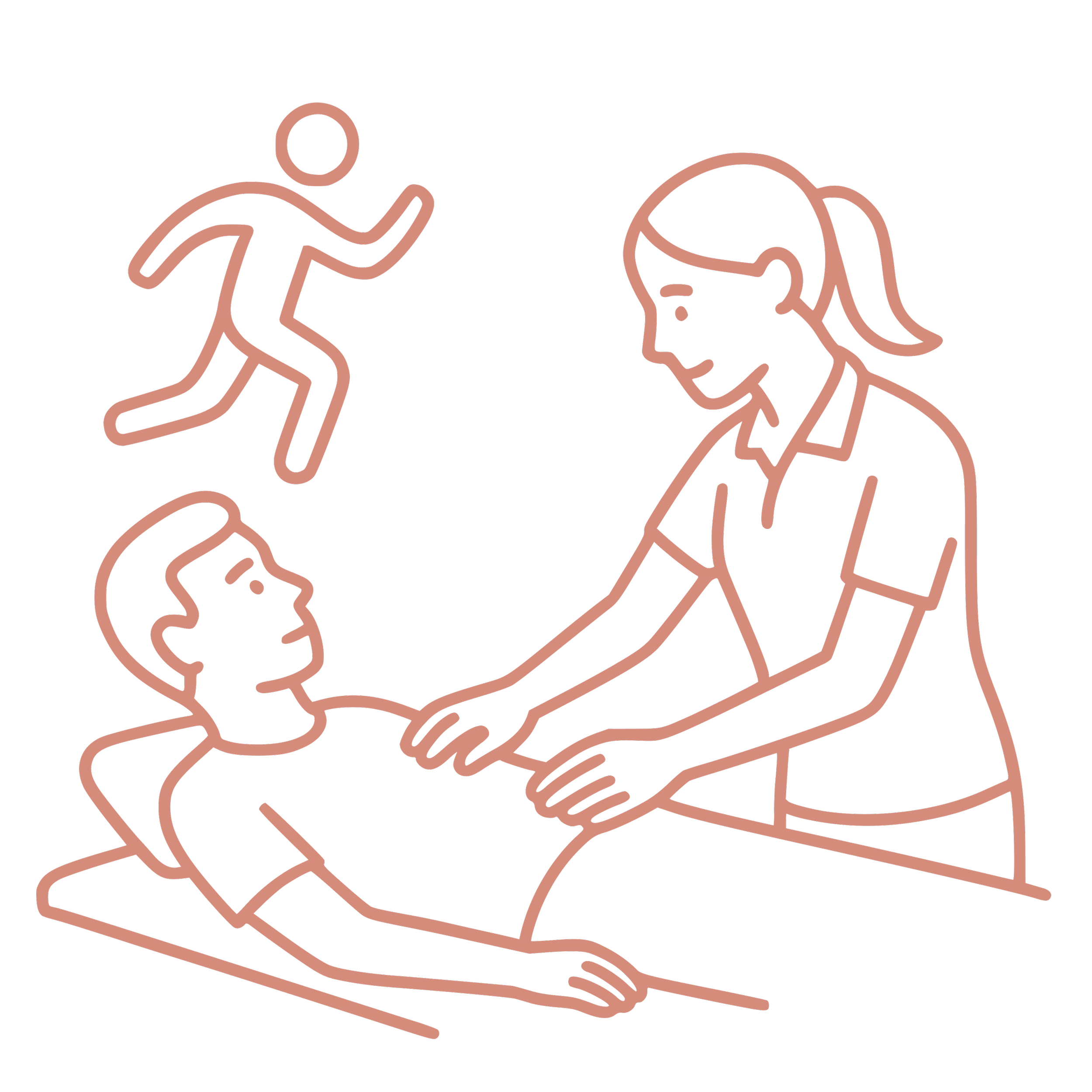 Illustration de deux mains qui se serrent, un enfant qui court vers une personne et une personne vue de dos.