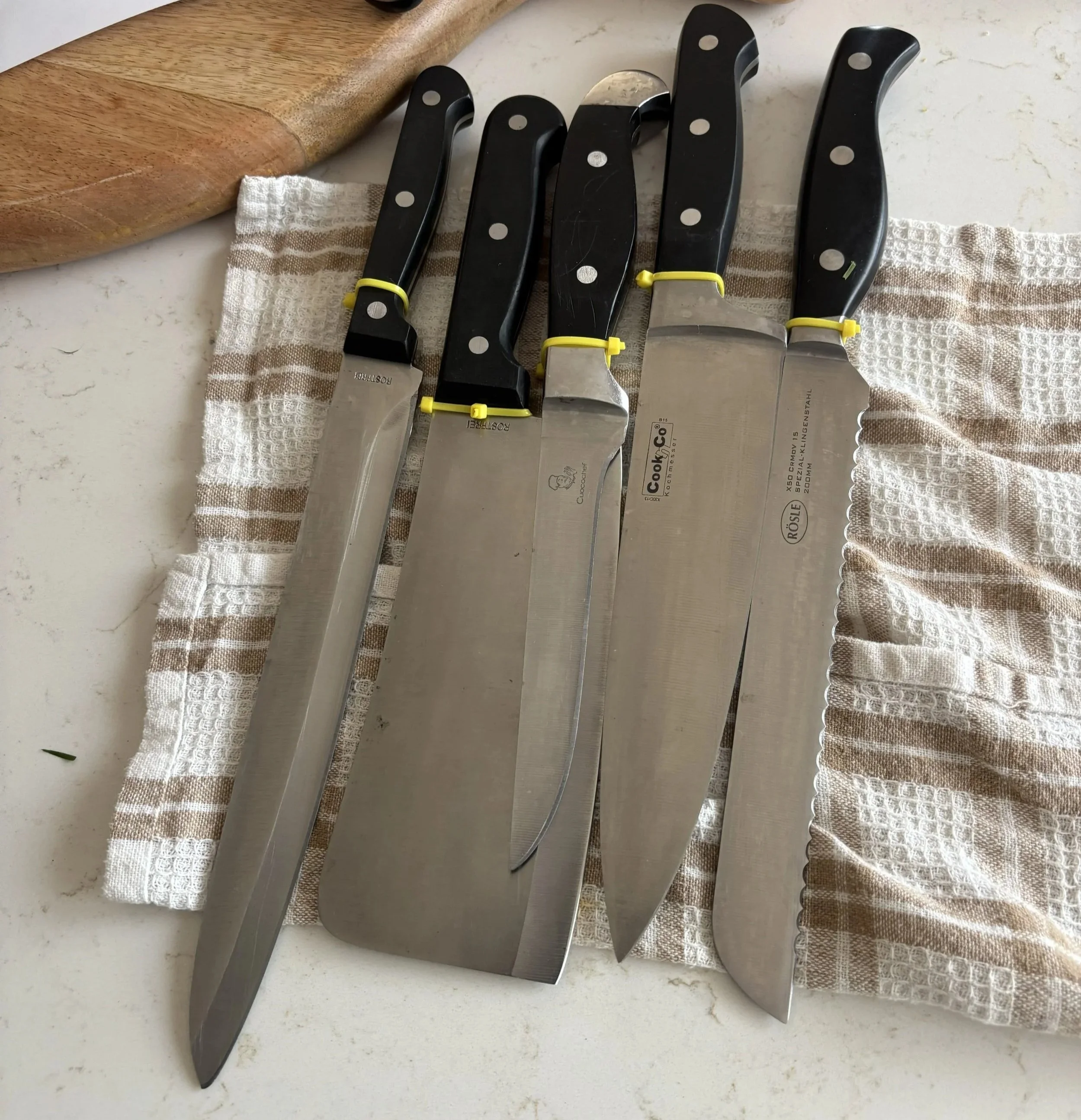 A set of sharpened kitchen knives including a cleaver and serrated knife | Abersoch, Pwllheli, Gwynedd, North Wales