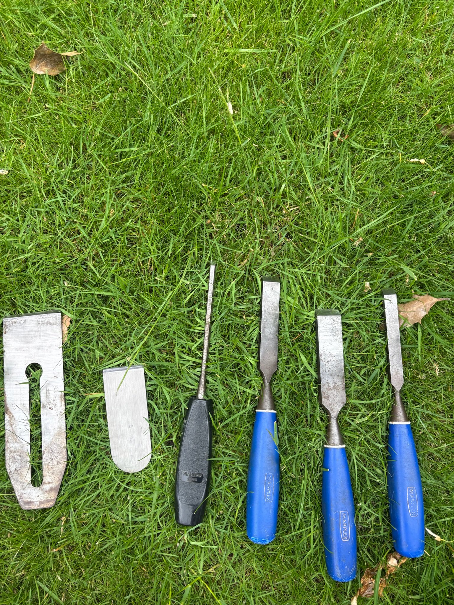 Five gardening tools including chisels and planer blades