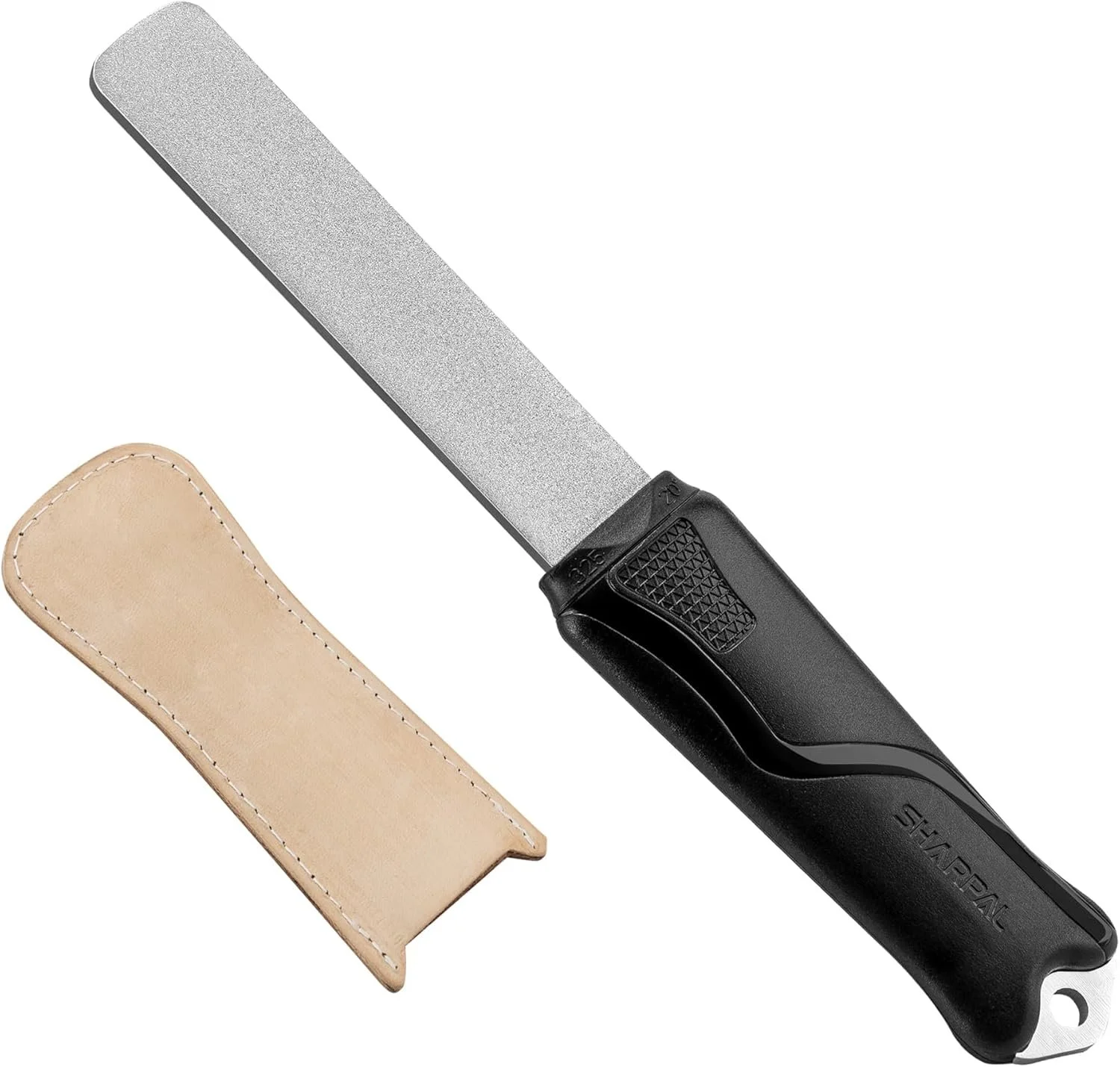 A Sharpal multi-purpose sharpening tool with a black handle, a sharpening stone, and a beige leather protective cover.