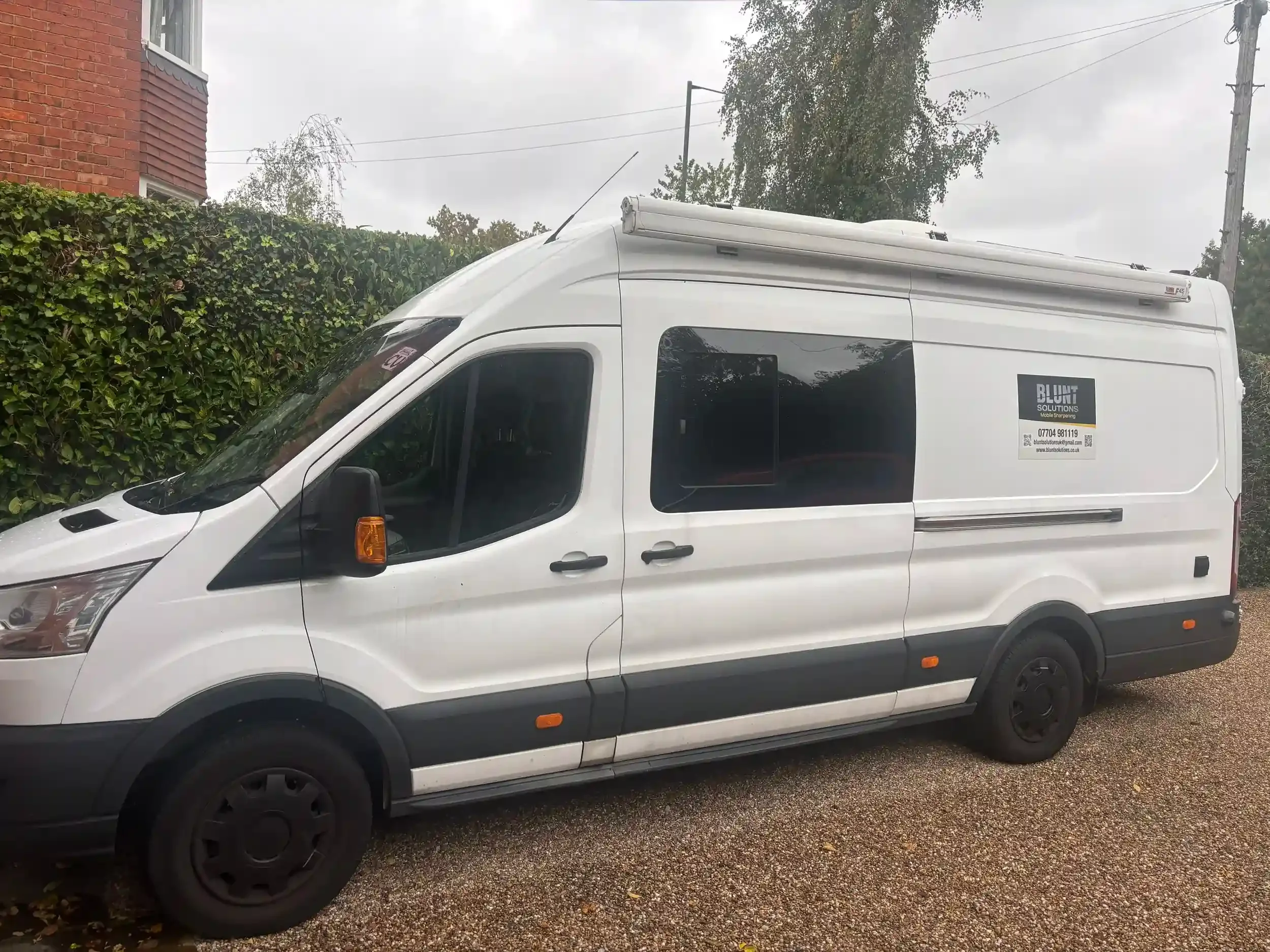 Blunt Solutions work van white ford transit mobile knife sharpening setup quick